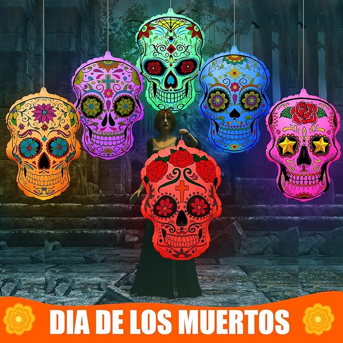 Jetec 6 Pcs 24 Inch Halloween Inflatable Sugar Skull Halloween Inflatable Blow Up Decorations Dia De Los Muertos Day of The Dead PVC Giant Sugar Skulls with LED Light for Mexican Fiesta Party Yard