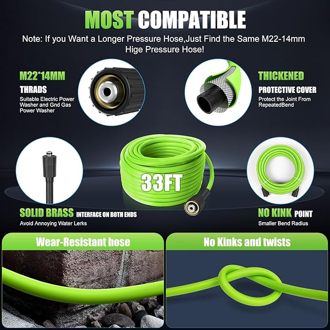 Adjustable Pressure Cleaner with 33FT Flexible Extension Hose + 34FT Power Cord, 4 Nozzles, Foam Cannon, Best Power Cleaner for Cars, Patios, Driveways, Green
