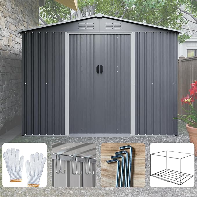 8x6 FT Outdoor Tool Storage Shed with Metal Foundation & Lockable Doors, All Weather Metal Sheds for Garden, Patio, Backyard, Lawn, Gray