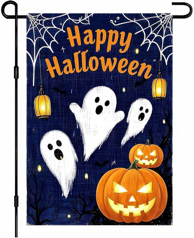 Garden Flags 12x18 Inch Halloween Ghost Pumpkin Banner Outdoor Scary Yard Sign Spooky Night Fall Lawn Porch Decor for Home Welcome Party Garden Flag