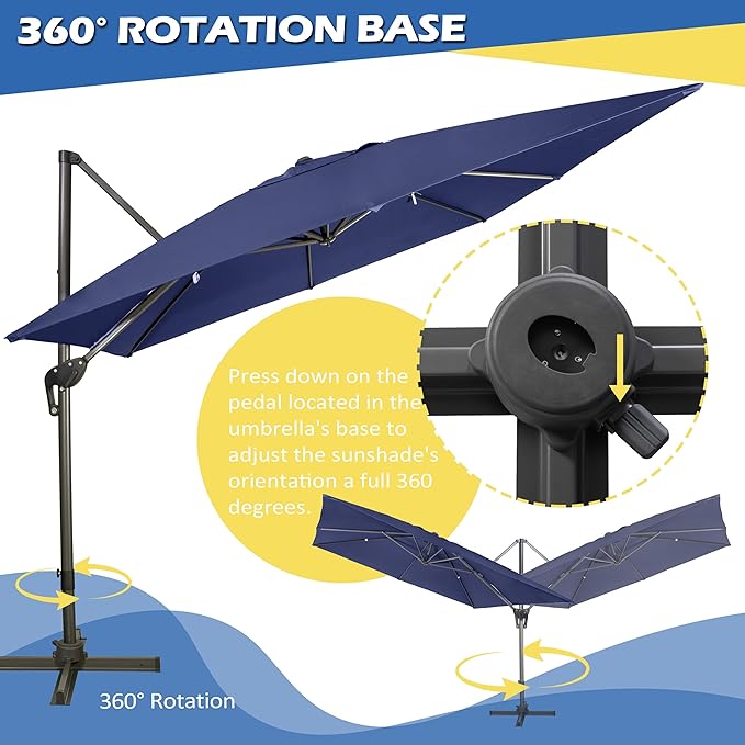 Sunnyglade 10x10Ft Cantilever Patio Umbrella Square 360° Rotation & Integrated Tilting System Offset Umbrella with 8 Sturdy Ribs, Fade-resistant & Waterproof for Garden Backyard Poolside Deck
