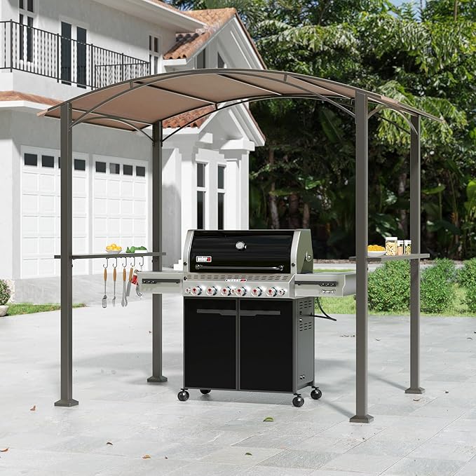 Kullavik 8 x 5 Grill Gazebo,Outdoor BBQ Canopy Shelter with Curved Sunshade Roof,Patio Pavilion with 2 Side Shelves and 5 Side Hooks for Patio Lawn Backyard Garden