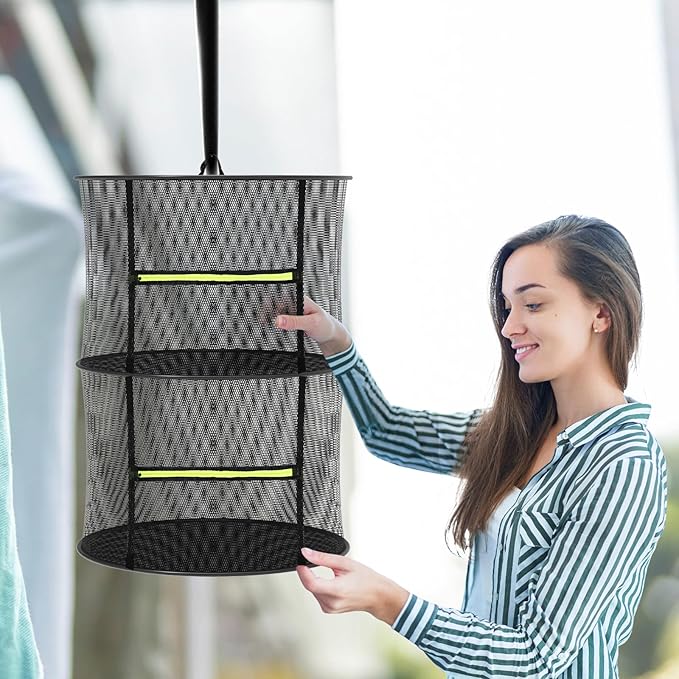 2 Layer Herb Drying Rack, Collapsible Mesh Drying Rack, Small Hanging Drying Net with Green Zipper & Hooks, Indoor Outdoor for Drying Herbs, Socks, Underwear, Seafood & Camping Food (11.81")
