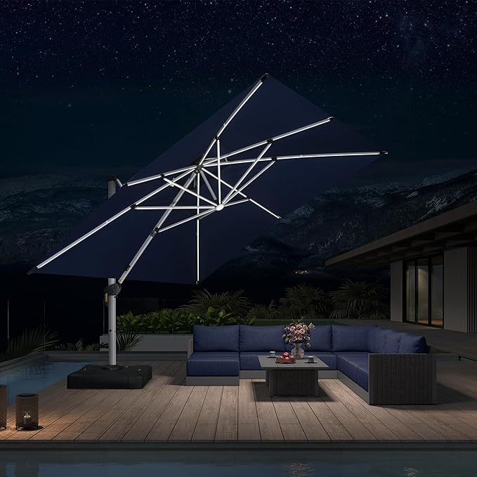 PURPLE LEAF 12' X 12' Solar Powered LED Patio Large Umbrella Offset Double Top Hanging Umbrella Outdoor Market Umbrella for Garden, Spectrum Indigo