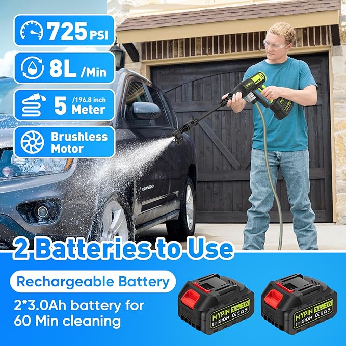 Upgraded LCD Display Portable Cordless Pressure Washer with Brushless Motor, 725 PSI 21V 2x3.0Ah Rechargeable Batteries Powered Pressure Washer, 6-in-1 Nozzle for Car Floor Wall Fence Cleaning