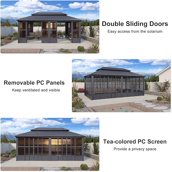 PURPLE LEAF 12' X 20' Solarium Sunroom Permanent Hardtop Gazebo Galvanized Steel Double Roof Aluminum Outdoor Enclosed Gazebo for Lawn Deck Backyard Grey