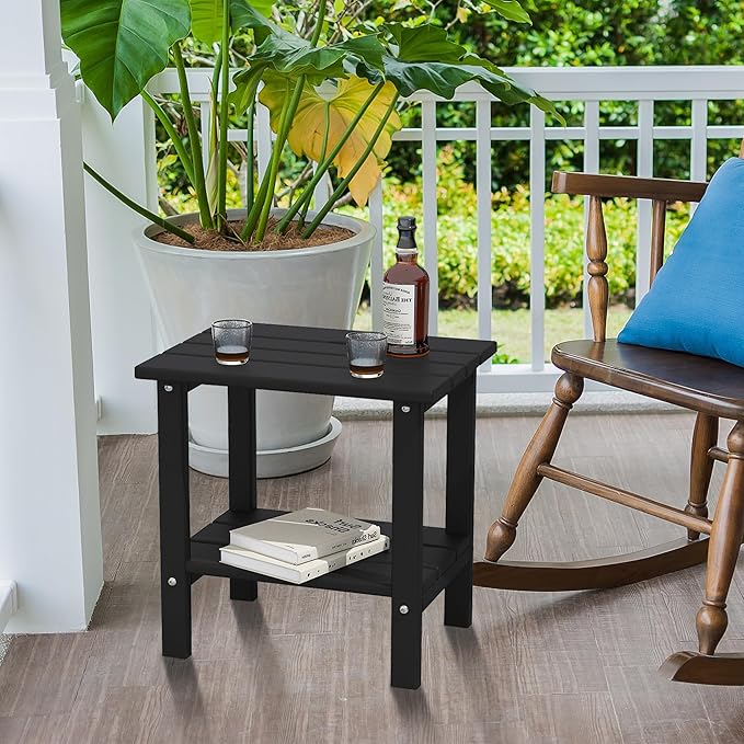 OTSUN Weather Resistant Outdoor Side Table, Adirondack HDPE Small Outdoor Table, 2-Tier Small Patio Tables for Outside or Indoor, Black