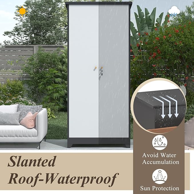 GREATMEET 72.8" Outdoor Broom Storage Cabinet, Waterproof Outdoor Shed, Metal Storage Cabinets for Cleaning Supplies with Slanted Roof, Utility Closet, Broom Mop Cabinet, Grey&White