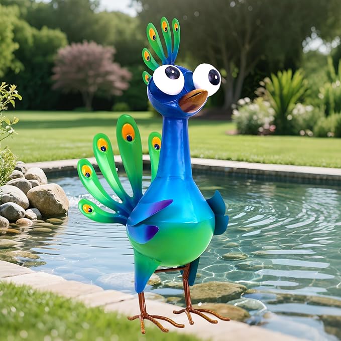Metal Peacock Statue Garden Decor Cartoon Peacock with Bobbling Eyes Yard Art Lawn Patio Decoration Outdoor Sculpture for Housewarming Birthday Wedding
