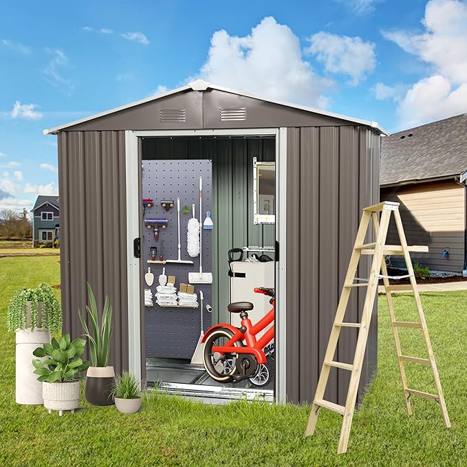 8x4 ft Outdoor Metal Storage Shed with Floor Foundation and Window, Lockable Galvanized Steel Tool Shed with Sliding Door and Air Vent, Waterproof Garden Storage House for Backyard, Patio