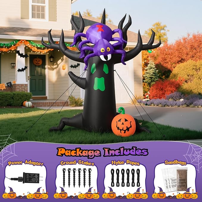 7FT Halloween Inflatable Tree with Giant Purple Spider and Pumpkin, Spooky Blow Up Yard Decoration with LED Lights for Outdoor Lawn, Garden, Party, Holiday Event Decor