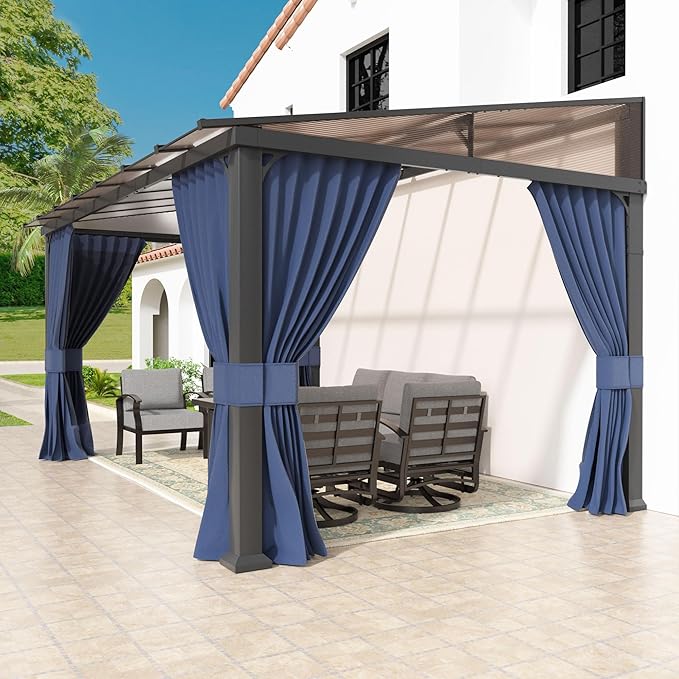 Kullavik 10' × 14' Hardtop Gazebo for Patio,Wall-Mounted Lean to Gazebo Pergola with Sloping Roof and Durable Aluminum Frame,Large Heavy Duty Awnings for Decks,Backyard,NavyBlue
