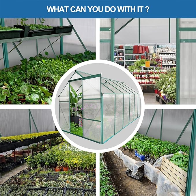 6x12 FT Greenhouse Outdoor Polycarbonate Hot House,Garden Plants Houses with Raised Base,Sliding Door and Adjustable Vent Roof for Patio,Easy to Install,Green