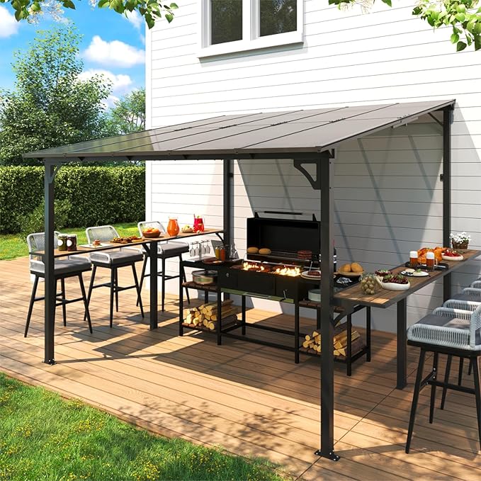 MEISSALIVVE 10' x 10' Wall Mounted Gazebo, Outdoor BBQ Grill Gazebo with Side Shelf, Lean to Metal Awnings with Sloped Roof, Heavy Duty Pergola for Backyard, Deck, Black