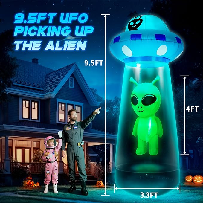 9.5Ft Towering Halloween Inflatables Decorations Outdoor UFO Alien, Huge Halloween Blow Up Yard Decorations UFO Alien Invasion with Built-in LED Light Strong Blower for Festival Party Lawn