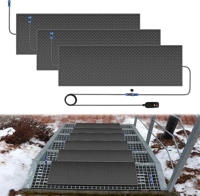 Snow Melting Mats Outdoor for Stairs,10 x 30 in 3 Pack No-Slip Heated Outdoor Mats with 10 ft Power Cord, 3 in/h Speed Snow and Ice Melting Pads for Winter Outdoor Stairs, Steps Snow Removal
