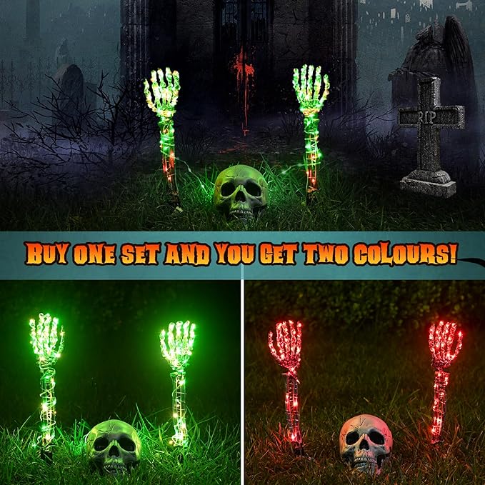 Halloween Lighted Skeleton Set, Skull Arm Stakes with 1 Remote Green Lights (76 LEDs, 8 Light Modes & Timing Function), 2 Red Lights (3 Modes), Decoration for Outdoor Yard Garden Graveyard