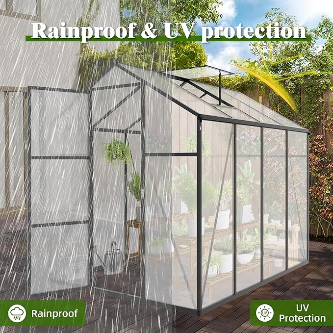 6x8 FT All Weather Greenhouses for Outdoor,Heavy Duty Polycarbonate Greenhouse, Walk-in Garden Green House with Raised Base and Ventilation Window for Outside, Backyard,Black