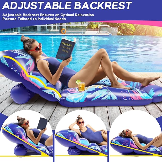 2025 New Pool Floats Adult, Inflatable Pool Lounge Floating Raft Chair with Adjustable Backrest Cup Holders for Swimming Pool Lake Beach Party, Tanning Floaties for Adults Heavy Duty