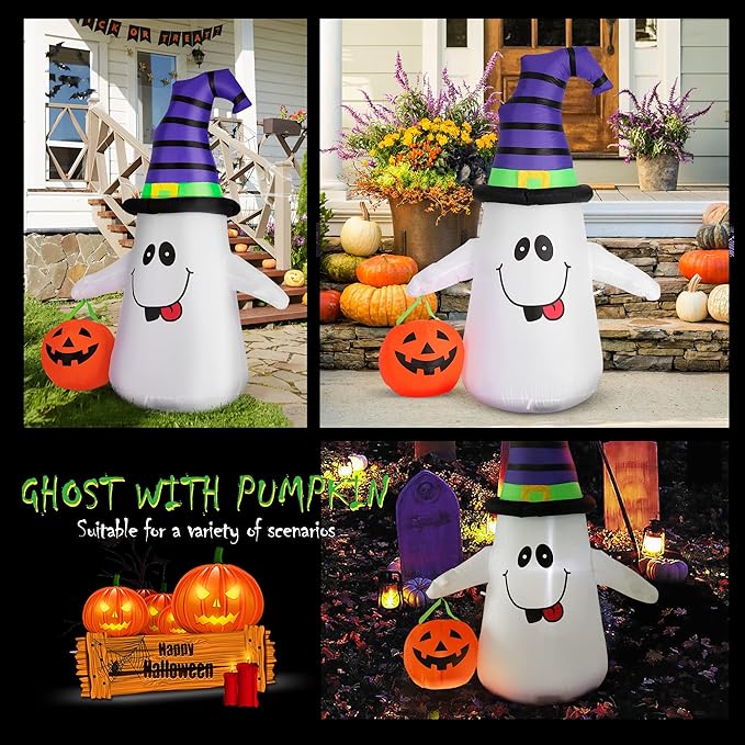 VIVOHOME 5FT Halloween Inflatable Yard Decor, White Ghost with Pumpkin, Outdoor Blow Up with Built-in LED Light for Lawn, Garden, Party