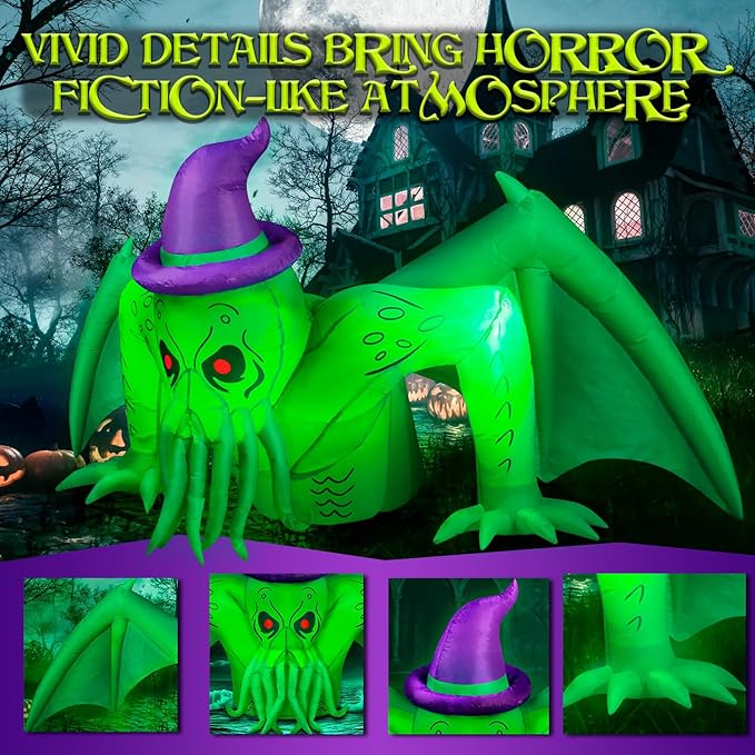 7FT Halloween Inflatables Cthulhu Built-in Bright LED Lights, Halloween Decorations Outdoor Wear Witch Hat Inflatable Cthulhu Blow Up Yard Decoration Blow Ups for Outside Patio Lawn