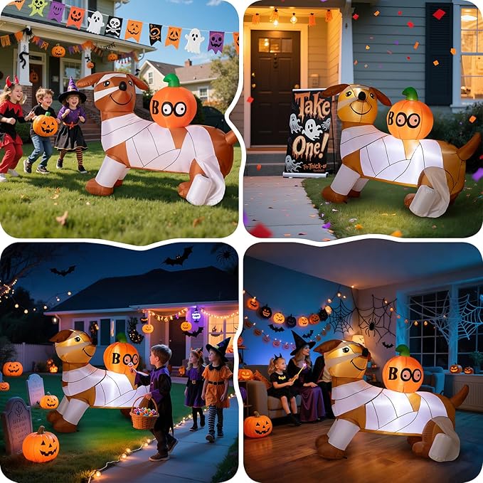 Dawdix 5FT Halloween Inflatable Mummy Dog Outdoor Decoration, Funny Blow Up Puppy Wrapped in Toilet Paper with Boo Pumpkin, Halloween Inflatable Dachshund Decor for Yard, Lawn, Garden, Porch