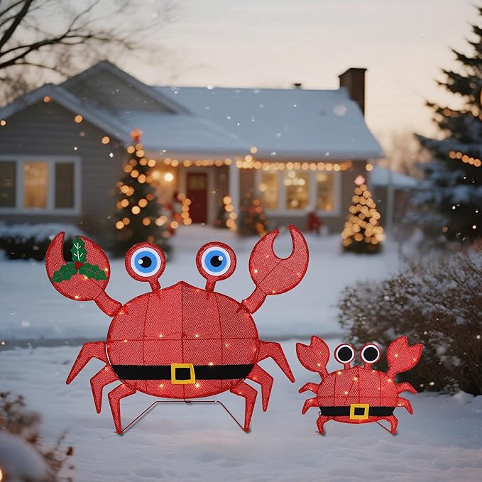 Prsildan Outdoor Christmas Decorations - Set of 2 LED Lighted Crab Yard Decor, 2D Battery Operated Holiday Lawn Figures for Porch, Garden, Home, Xmas Party Decor (Red)