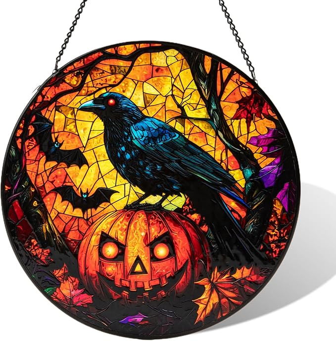 Stained Glass Window Hanging, Halloween Decorations Evil Crow Pumpkin Maple Leaf Suncatcher for Doors Garden Indoor Funny Spooky Sun Catchers Gothic Decor for Women, Men, and Mom 8 in