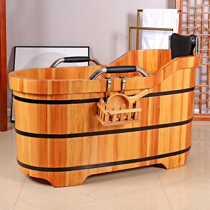 Wooden Hot Tub Bathroom Freestanding Soaking Non-Slip Bathtub Thickened Handrail Style Healthy Medicinal Bathtub For Both Adult And Child Family Members (Deluxe configuration with lid fumigation)