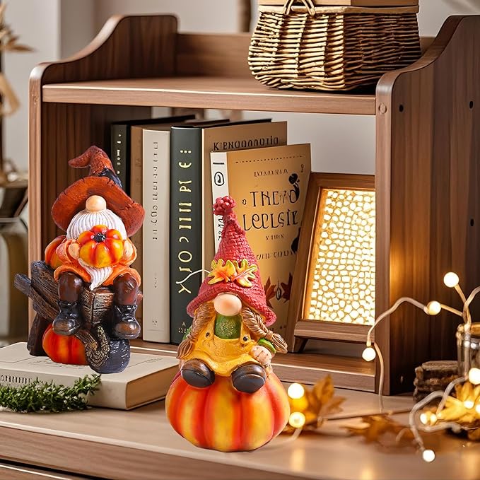 BUTILIVEEN Fall Gnomes Decorations for Home - 2PCS Autumn Harvest Garden Gnomes Statue Pumpkins Figurines, Thanksgiving Decor for Indoor & Outdoor, Resin, 7.5Inch