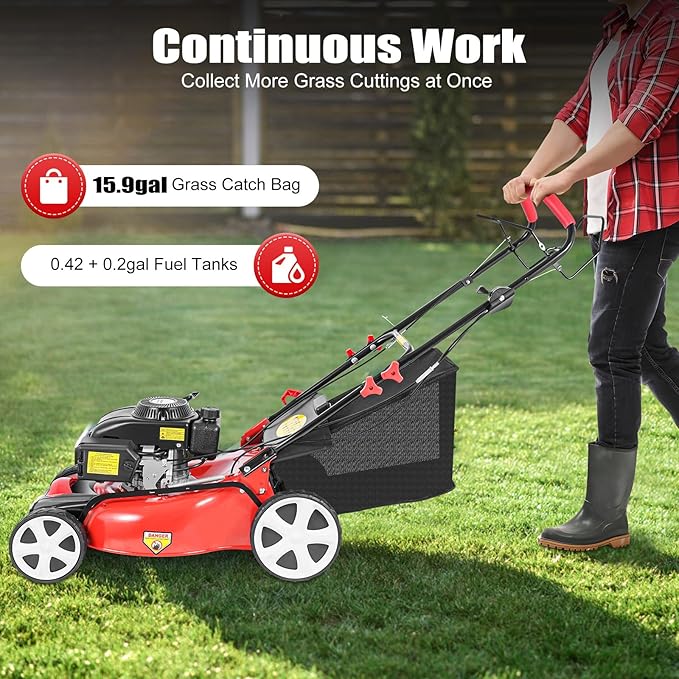 Self-Propelled Gas Lawn Mower, 140CC 4-Stroke 5HP Lawn Mower 3-in-1 Push Mower with 60L/15.9Gal Grass Catch Bag, Steel Grass Catcher for Yard & Garden, 8 Gears Mowing Height Adjustment, 2800Rpm