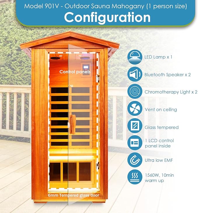 Saunas 901V Far Infrared Sauna, Outdoor Wooden Dry Sauna Low EMF (Outdoor/ 1P /Mahogany)