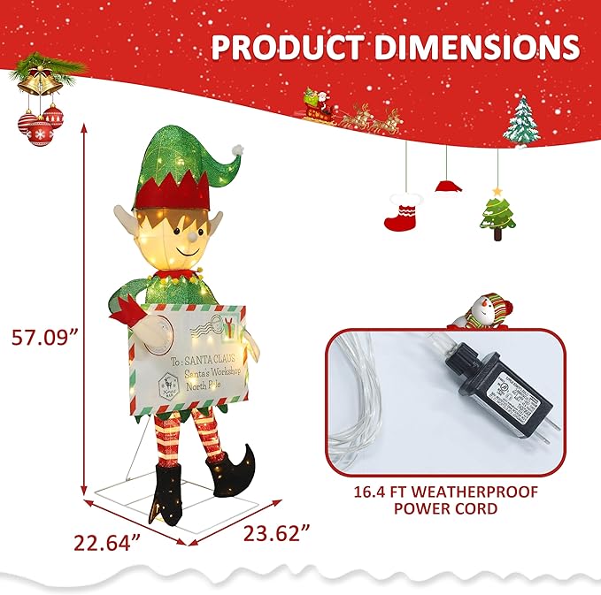 VEIKOU 4.8 FT Lighted Christmas Elf Decoration with Envelope, 3D Christmas Elf Yard Decor with 100 Warm LED Lights, Ground Stakes and Zip Ties, Outdoor Xmas Holiday Display for Garden, Lawn, Patio
