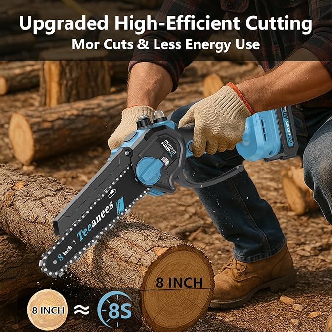 Mini Chainsaw Cordless, 8 Inch & 6 Inch Portable Electric Chain Saw with 2 Battery 8 Chains, Auto Oiler, Battery Powered Small Handheld Saw for Wood Cutting, Tree Trimming, Garden(Blue)