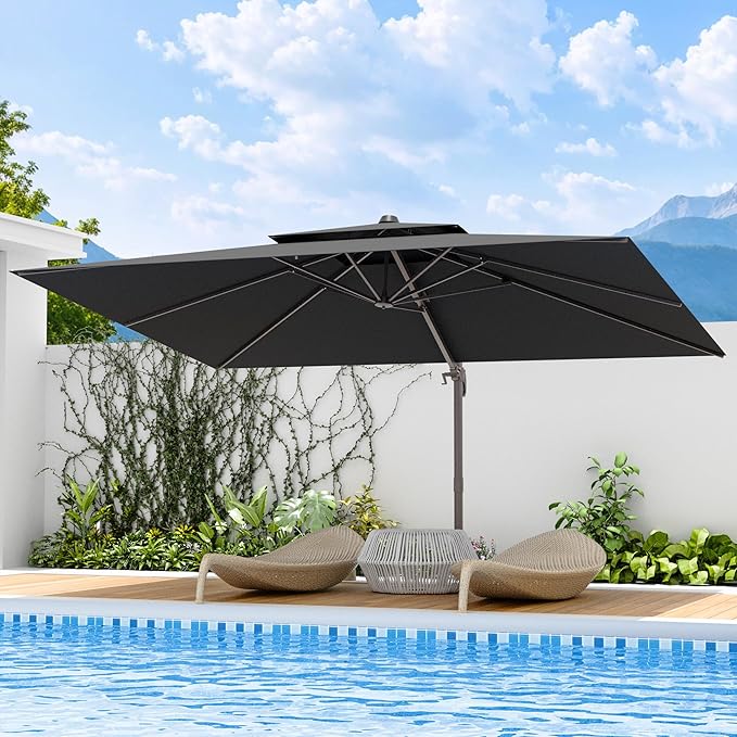9x12 FT Patio Umbrella with base, Large Cantilever Rectangular Double Top Heavy Duty Offset Umbrellas with 360° Rotation, Outdoor shade for Garden Deck Pool, Gray