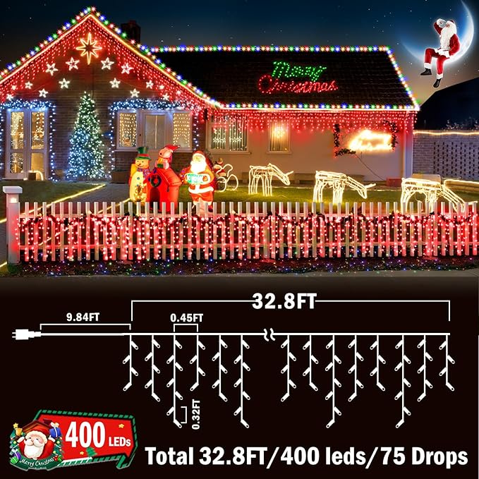 KNONEW Christmas Lights Outdoor Decorations 400 LED 33ft 8 Modes Curtain Fairy String Light with 75 Drops, Clear Wire LED Hanging Light Decor for Wedding Party Holiday Christmas Decorations (Red)