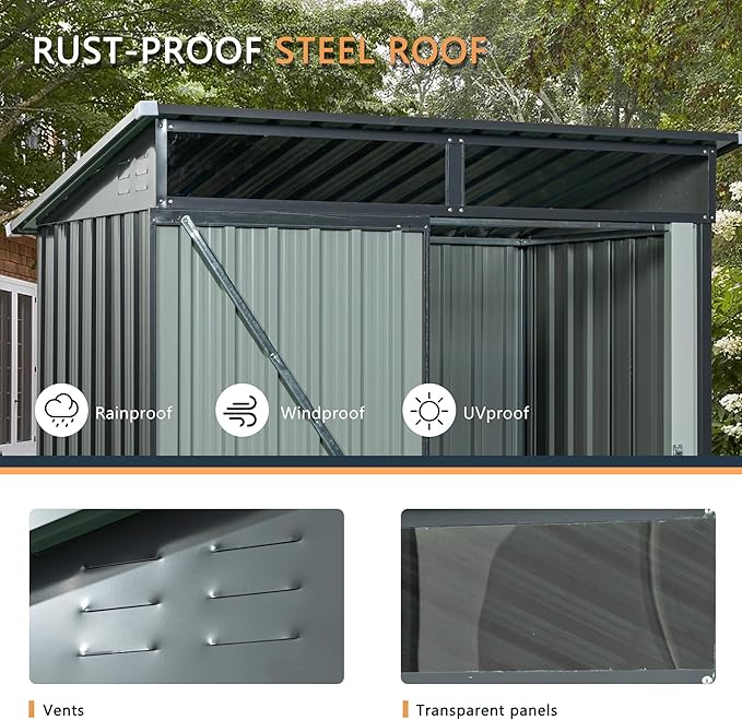 5X3 FT Outdoor Storage Shed, Waterproof Metal Garden Sheds with Lockable Door, Steel Tool Storage Buildings Shed & Outdoor Storage House for Garden, Backyard, Patio, Lawn, Trash Cans(Grey)