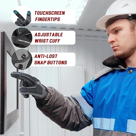 HANDLANDY Winter Water Resistant Work Gloves for Men, Insulated Heavy Duty Impact Glove for Cold Weather (Black-insulated, Large)