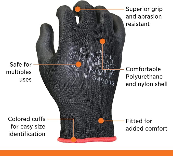 WOLF Polyurethane Palm Coated Nylon Shell Work Gloves, Construction, Mechanic, Warehouse, Yard Work, Gardening
