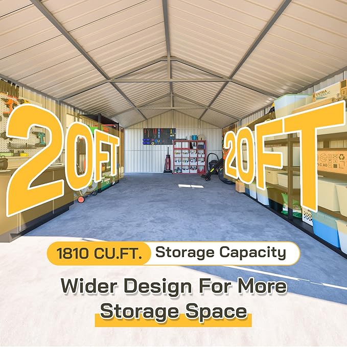 12x20 FT Garage Shed Outdoor Storage 1810 CU.FT Large Metal Garden Tool Sheds for Vehicle with Lockable Doors Floor Frame Window Gable Roof Waterproof for Backyard Patio Lawn, Black