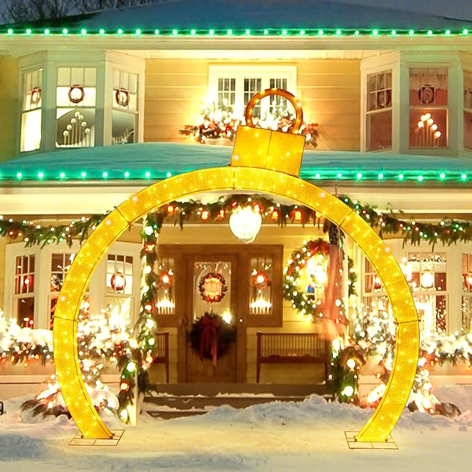 Tangkula 10.5 FT Outdoor Christmas Lighted Archway with Gold Ornament Cap, 300 Warm White LED Lights, Zip Ties & Stakes, Holiday Xmas Yard Decorations