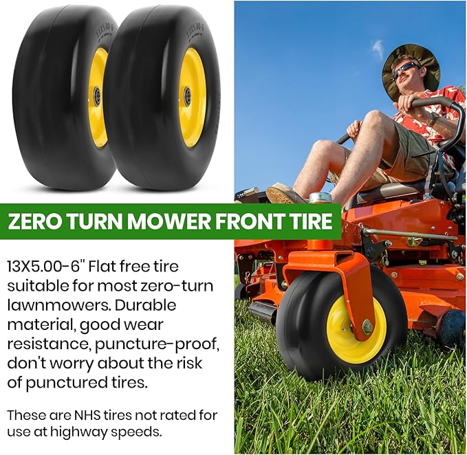 AR-PRO (2-Pack) 13x5.00-6 Flat Free Lawn Mower Tire and Wheel- Solid Smooth Tread Replacement Front Tire for Riding Zero Turn Mowers, Garden Tractors – 3/4" and 5/8" Bearings, 3.25"-5.9" Centered Hub