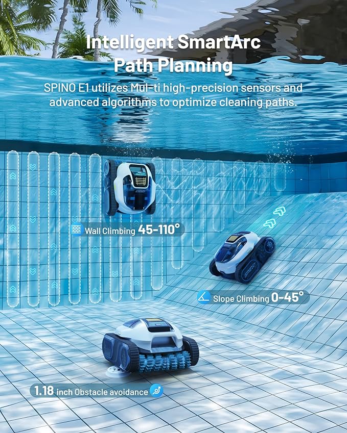 Spino E1 Cordless Robotic Pool Cleaner, 5800 GPH Suction with Triple Brushless Motors, SmartArc Path, 5 Modes, IPX8 Waterproof, 1600 sq.ft Coverage, Auto Waterline Parking, APP Control
