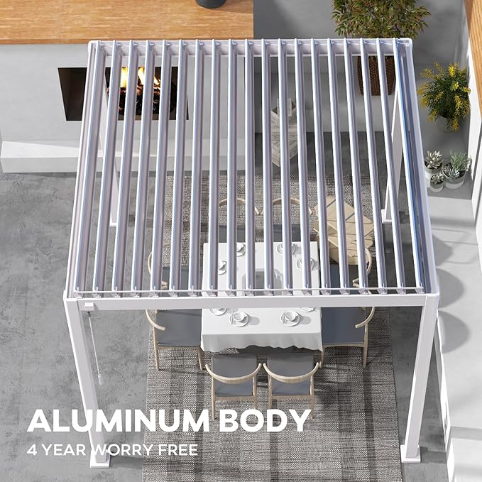 Mirador 111S Round Louvered Pergola Gazebo, 10Ft x 10Ft, Full Aluminum Frame, Adjustable Roof, Outdoor, Durable, White