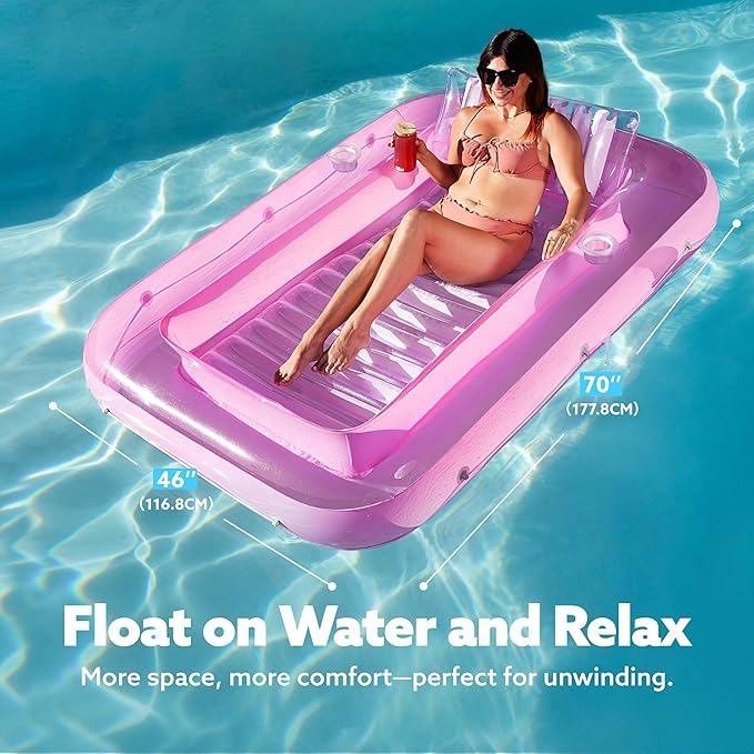 SLOOSH Inflatable Tanning Pool Lounger Float, 70" x 46" Pool Floats Adult with Pillow, 4 in 1 Suntan Tub Raft Floatie,Sunbathing Bed Lounge for Water Blow Up Kids Ball Pit Party Gifts, L-Pink White