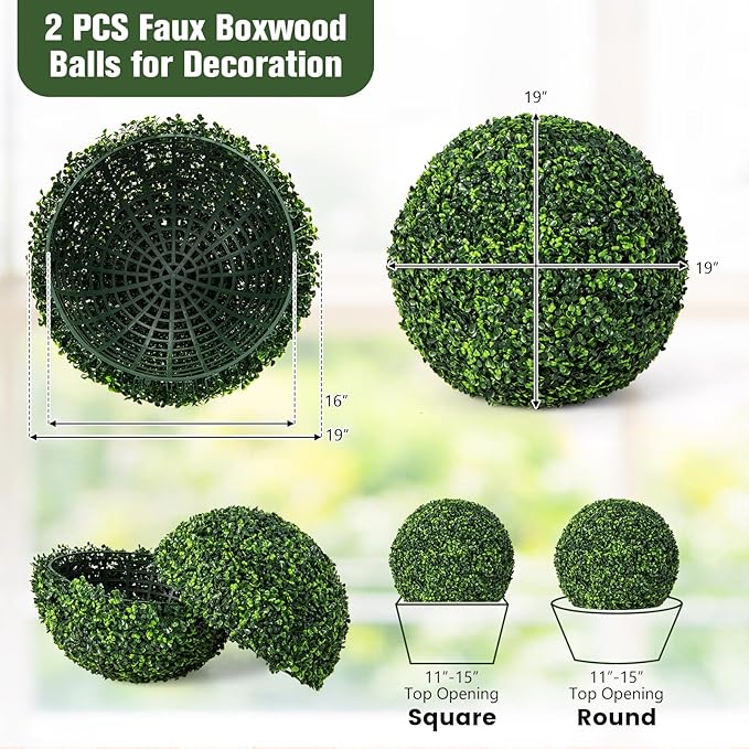 Goplus 2 PCS 19 Inch Artificial Plant Topiary Ball, Round Faux Boxwood Balls Outdoor, Garden Spheres Decorative for Front Door, Porch, Backyard, Balcony, Patio, Wedding and Home Décor