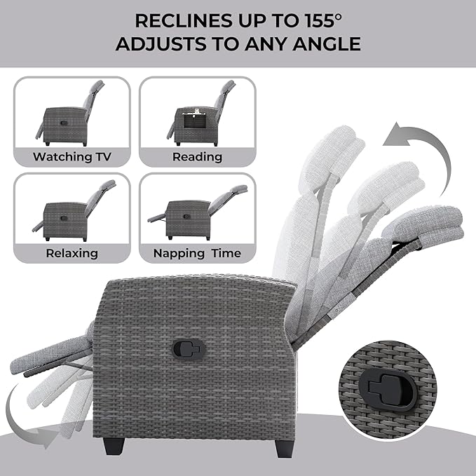 Indoor Outdoor Wicker Recliner Chair with Flip-Up Table Air Pump 155° Lay Flat, Adjustable Wicker Lounge Recliner Chair with Independently Backrest and Footrest Set of 2