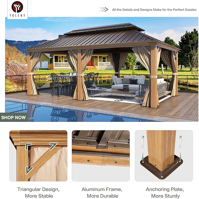 YOLENY 12'x20' Gazebo, Galvanized Steel Double Roof with Wood Grain Aluminum Frame, Outdoor Permanent Metal Pavilion with Curtains and Nettings for Patio, Backyard and Deck