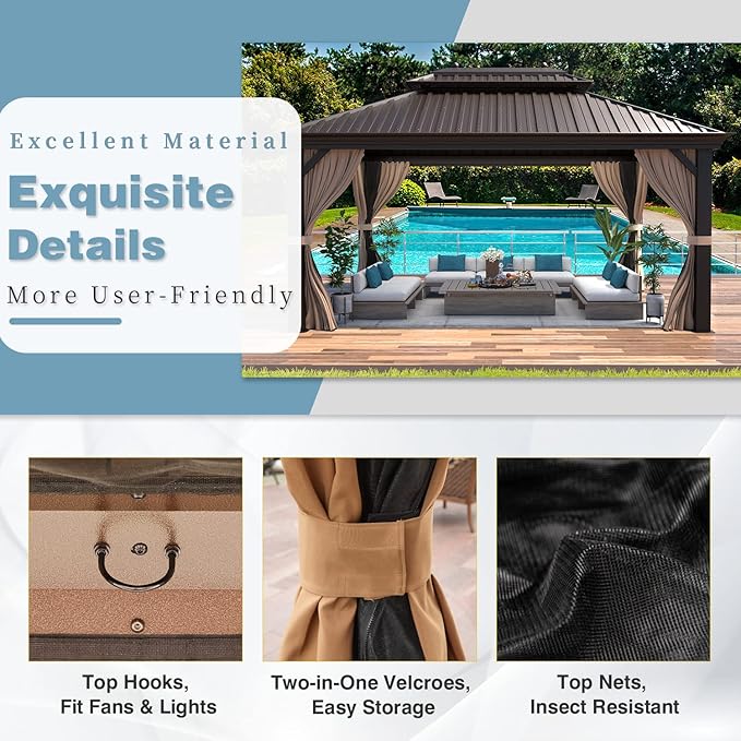 MELLCOM 12'x16' Hardtop Gazebo, Galvanized Steel Metal Double Roof Canopy with Curtains and Netting, Brown Permanent Pavilion Gazebos with Aluminum Frame for Patio, Lawn & Garden