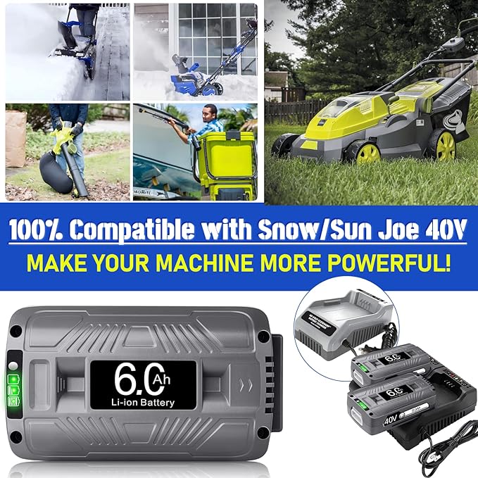 【Upgrade!】 40V 6.0Ah Replacement Battery for Snow Joe/Sun Joe Ecosharp 40V Tools Lithium-ion Battery Snow Blower Lawn Mower Pressure Washer. 40V Wireless iON Models